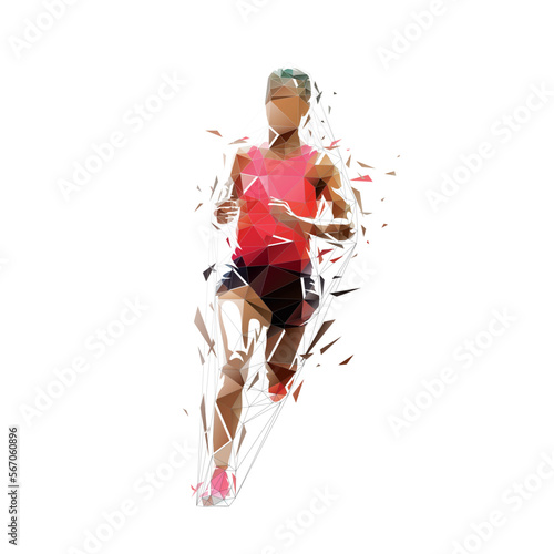 Running woman, front view. Abstract low polygonal isolated vector illustration. Geometric female marathon runner from triangles