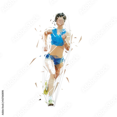 Running woman, front view. Abstract low polygonal isolated vector illustration. Geometric female marathon runner from triangles