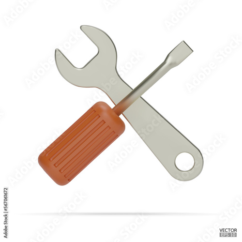3d realistic orange wrench and screwdriver icon set isolated on white background. Repair icon, Hand tools icon 3d render illustration.