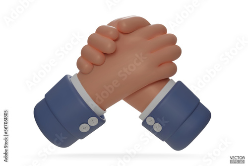 Hold one's hands cartoon icon design. Arm wrestling competition. Blue sleeve with Business handshake, shaking hands, successful deal, partners, Friendship, cooperation concept. 3D vector illustration.