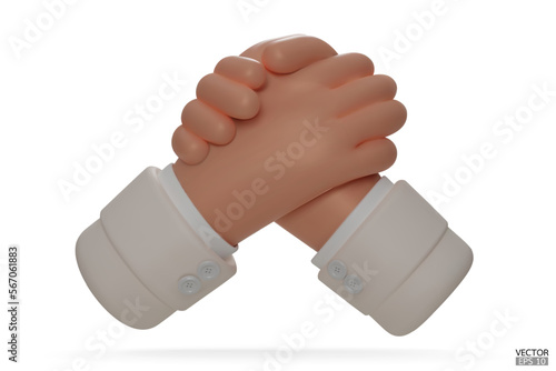 Hold one's hands cartoon icon design. Arm wrestling competition. White sleeve with Business handshake, shaking hands, successful deal, partners, Friendship. 3D vector illustration.