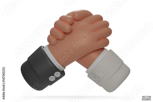 Hold one's hands cartoon icon design. Arm wrestling competition. Black and white with Business handshake, shaking hands, successful deal, partners, Friendship, cooperation. 3D vector illustration.