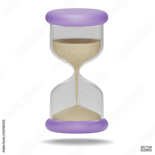 3D Realistic Hourglass with Sand isolated on white background. Purple Sandglass icon, Sand clock, Timer Logo, hourglass Symbol. 3D Vector Illustration.
