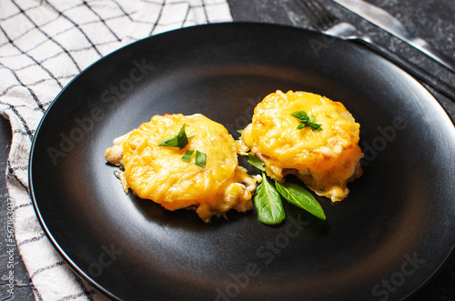 Meat in French - baked meat with ananas, onion, cheese and mayonnaise.