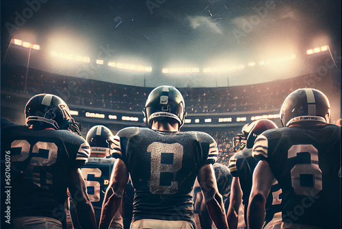 american football game super bowl with players at stadium in the background. American football players back view. High quality Ai generated illustration. 