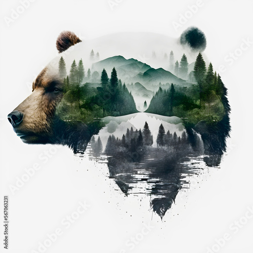 Double exposure of brown bear with ecological landscape watercolor style, Generative ai.