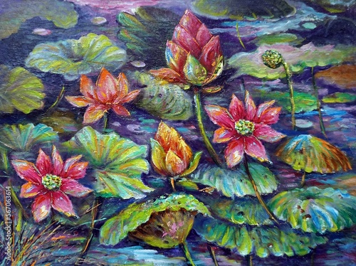 hand painted original impressionism art oil color painting lotus flower and waterlily  in lake from thailand