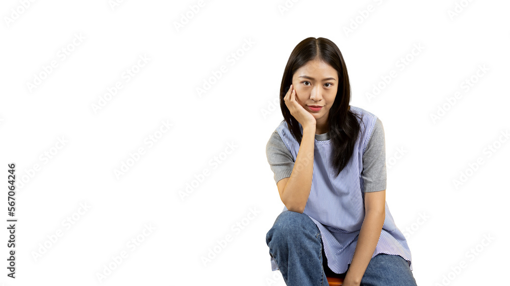 Asian woman sits in a chair and smiles faintly at the camera, Look forward with confidence, Space for advertising and text spaces, Copy space for promotional text, PNG file. Asian woman sits in a chair and smiles faintly at the camera, Look forward with confidence, Space for advertising and text spaces, Copy space for promotional text, PNG file.