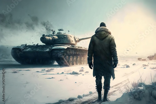 Field with destroyed tank during war, soldier walking on battlefield in winter. Generative AI