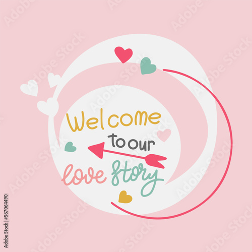 Welcome to our love story, handwritten lettering, decoration for a postcard