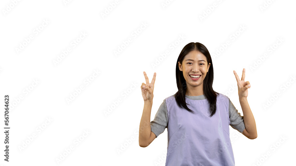 Young Asian woman making two thumbs up gesture showing joy and fun, Symbol of good friendship, Popular photo poses, Make a v-shaped finger, PNG file. Young Asian woman making two thumbs up gesture showing joy and fun, Symbol of good friendship, Popular photo poses, Make a v-shaped finger, PNG file.