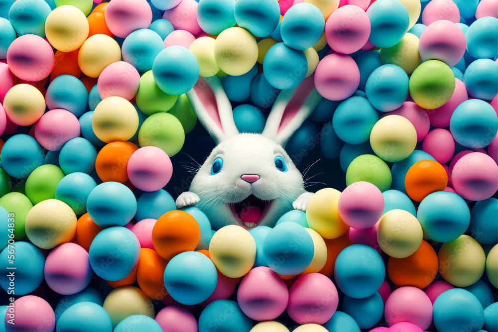 Happy Easter bunny with many colorful Easter eggs. Generative AI.