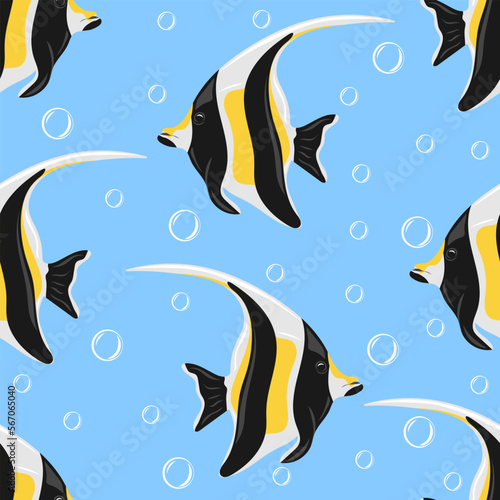 Seamless pattern with Moorish idol or Zanclus cornutus. Marine dwellers. Modern print for fabric, textiles, wrapping paper. Vector illustration