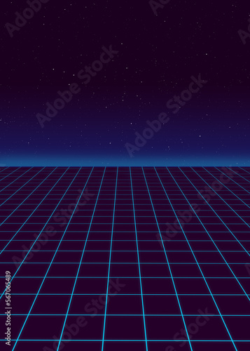 Ciencia ficción al estilo de los años 80, azul, ilustración futurista. Plantilla de póster. Fondo de onda sintética en estilo retro.