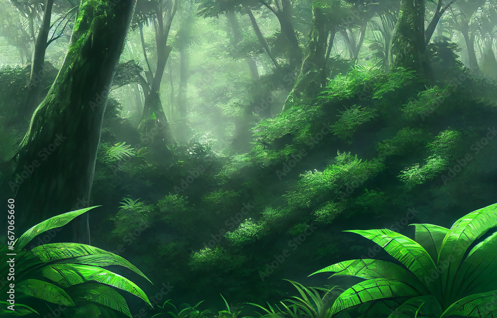 Tropical botanical landscape background. Exotic green jungle background and wallpaper, Forrest, Rainforest, Plant and Nature Illustration. Generative AI.