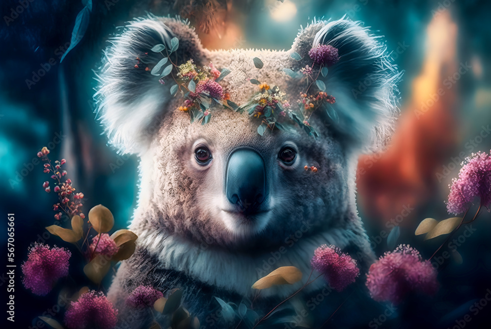 Fototapeta premium Koala bear in the forest surrounded by nature and flowers. An endangered species, generative ai