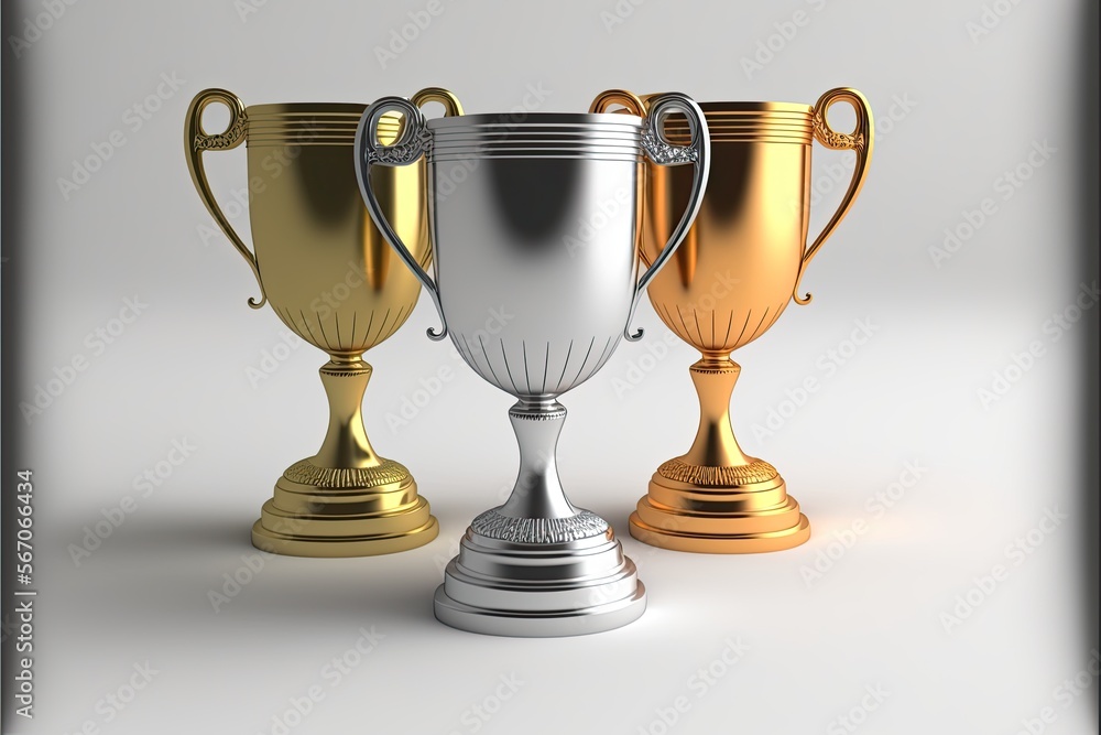Gold silver and bronze cups for the first second and third place in the competition. Generative ai. Gold silver and bronze cups for the first second and third place in the competition. Generative ai.