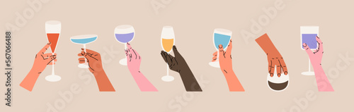 Hand holding glass. Cartoon wine champagne martini brandy cocktail drink, cheers celebration concept. Vector flat set
