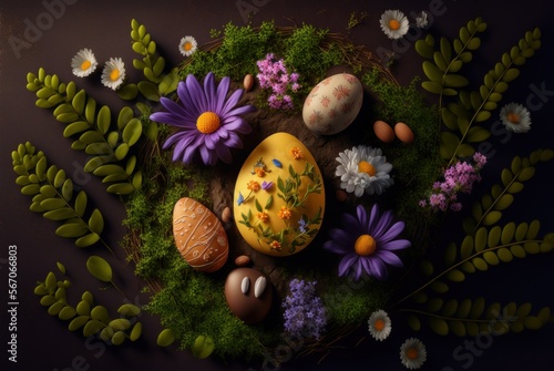 happy easter congratulations with easter background easter eggs and flowers.