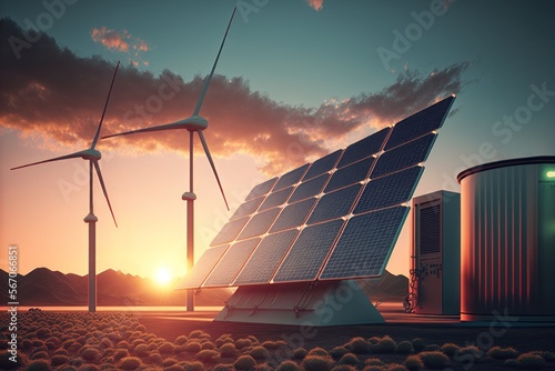 Solar panels and wind turbines under sunset background.