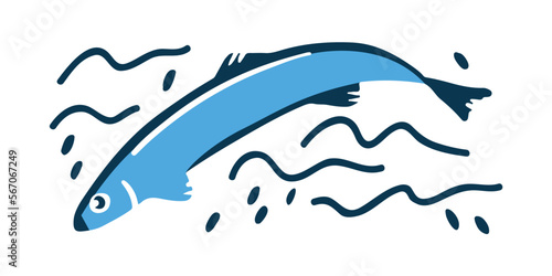 Herring catch for salting and manufacturing canned food. Seafood for the menu of the restaurant and the preparation of various dishes. Sea inhabitant. Waves on the water. Cartoon illustration in a fla