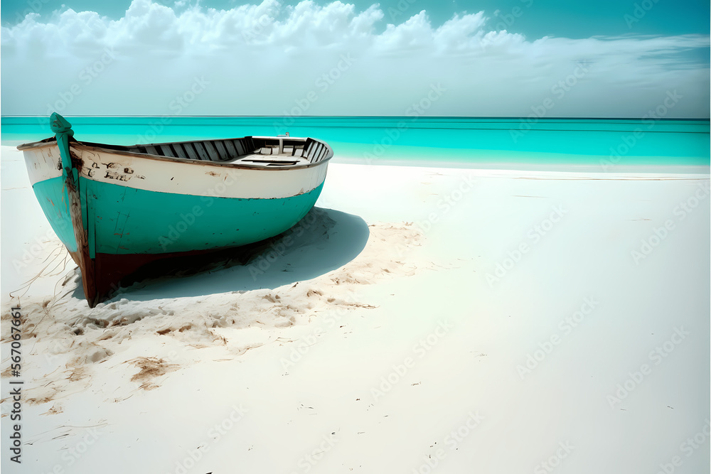 Perfect paradise beach with white sand, blue sky. Turquoise water color on island, quiet place. Vacation place to travel, summer hollidays. Fisherman boat Perfect paradise beach with white sand, blue sky. Turquoise water color on island, quiet place. Vacation place to travel, summer hollidays. Fisherman boat