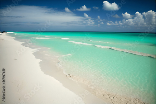 Perfect paradise beach with white sand, blue sky. Turquoise water color on island, quiet place. Vacation place to travel, summer hollidays, alone