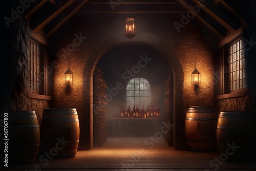 Dark wine cellar with brick walls, window and pale lighting, with a lot of barrels