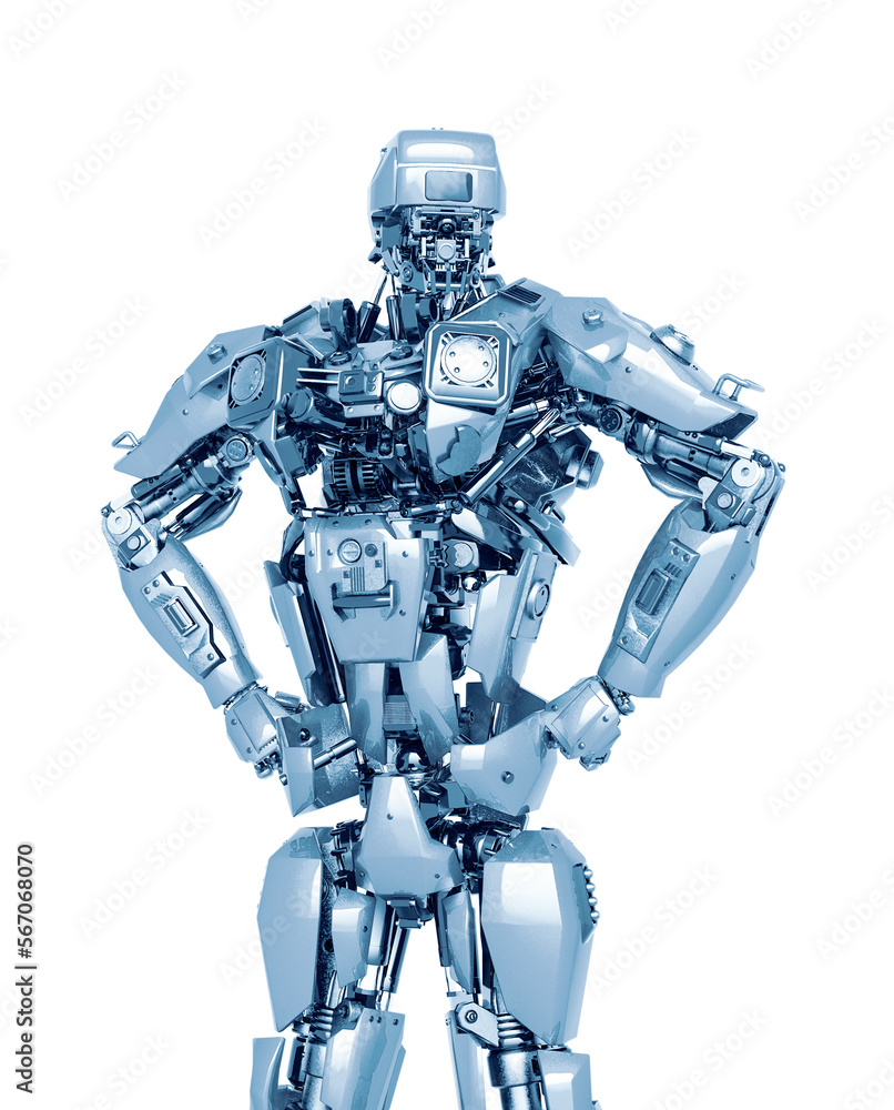 master robot is doing a super pose in white background master robot is doing a super pose in white background