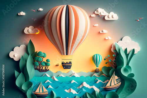 Hot air balloon over the sea, paper craft art or origami style for baby nursery, children design.Generative ai.
