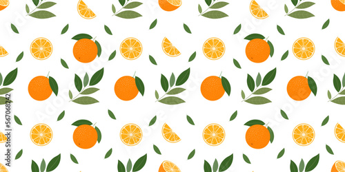 Fototapeta Naklejka Na Ścianę i Meble -  Citrus seamless pattern with oranges and leaves on a white. Vector illustration.