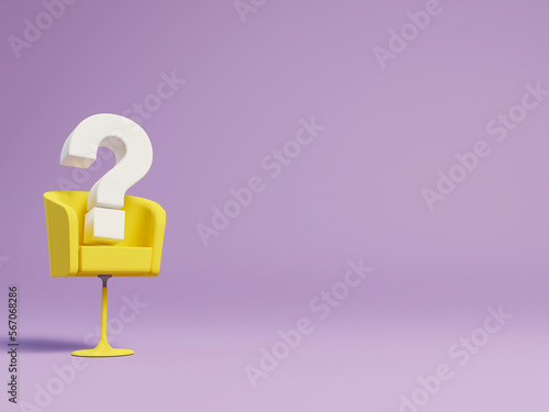 Yellow chair standing and question mark isolated on background. Recruitment and Human Resources Concepts. We are hiring you, job vacancy, recruiting staff, employer and candidate. 3D rendering.