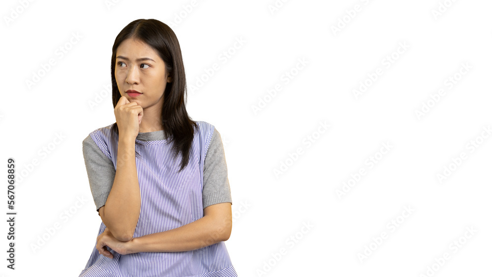 Young Asian woman thinking hard or planning to do something, Overthinking or worrying, Have a headache, Migraine, Stress, Free space for advertising or promoting products, Copy space, Enter text. Young Asian woman thinking hard or planning to do something, Overthinking or worrying, Have a headache, Migraine, Stress, Free space for advertising or promoting products, Copy space, Enter text.