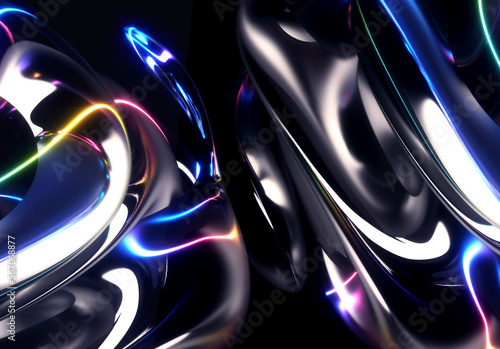 3d render abstract art with part of surreal mystic alien ball or sphere sculpture in curve wavy organic lines forms in deformation process in glass material with laser plasma neon purple lines forms