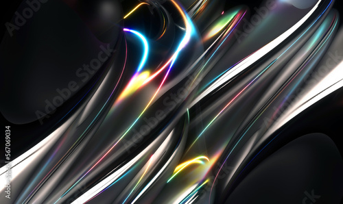 3d render of abstract art 3d background with part of surreal metal sculpture in curve wavy elegance lines forms with glowing neon laser plasma lines on surface in rainbow gradient color in the dark © Philipp