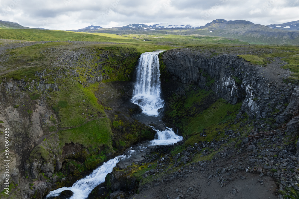 Drone Aerial of Kerlingarfoss Waterfall near Olafsvik on Iceland's Snafellsnes peninsula. Drone Aerial of Kerlingarfoss Waterfall near Olafsvik on Iceland's Snafellsnes peninsula.
