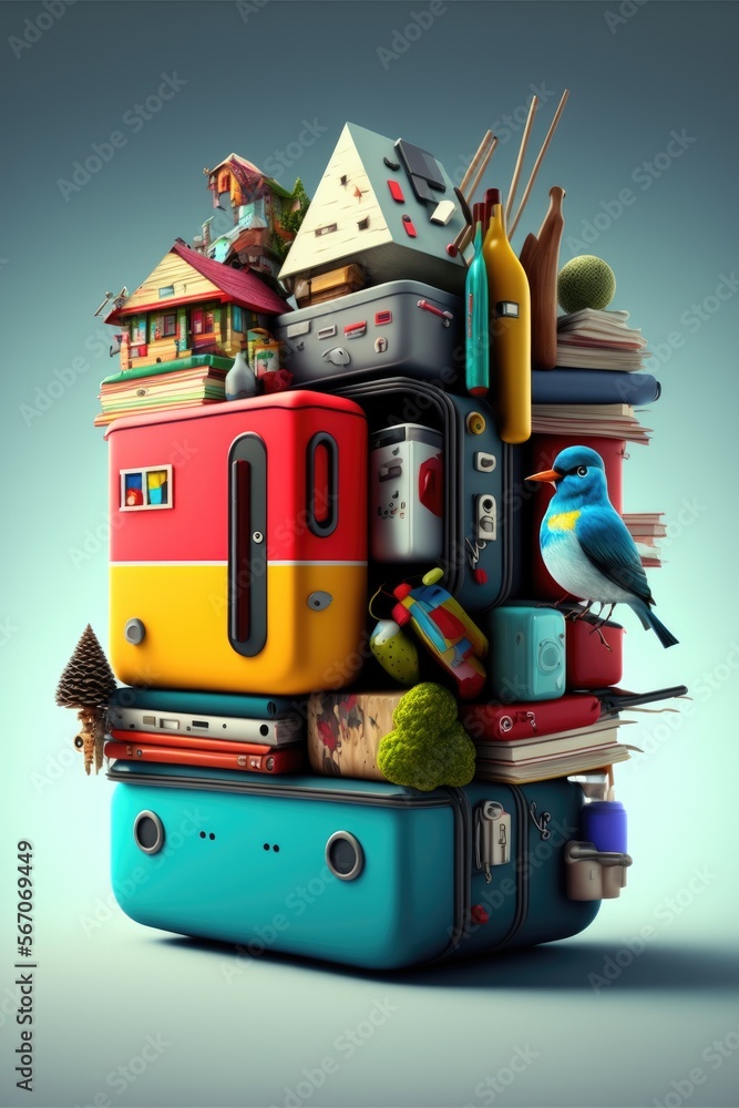 colorful explorer backpack piled really high, bird house, refrigerator, skis, flag