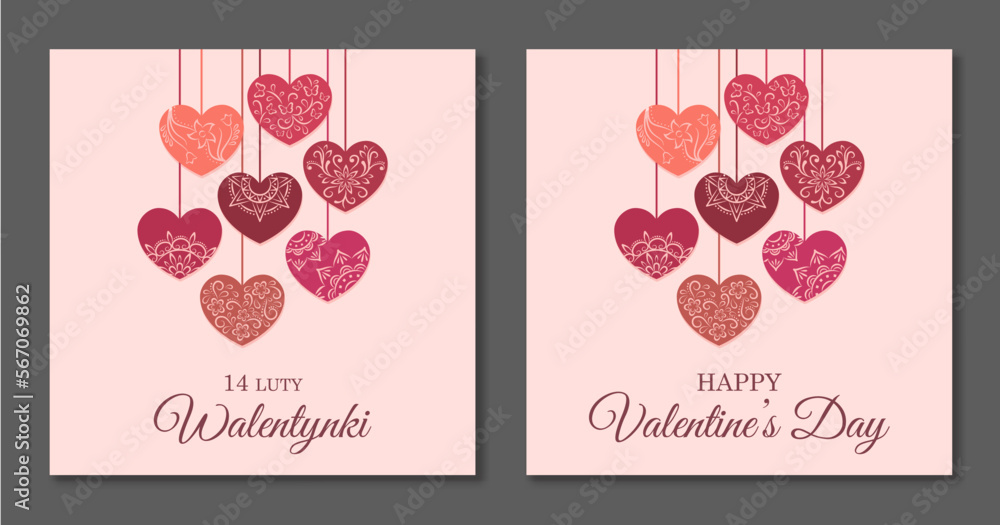 Valentine's Day. Decorative hearts. Polish and english.