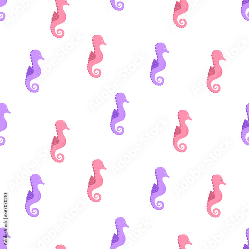 Seamless pattern with cute cartoon seahorses. Endless background with inhabitants of the underwater world.