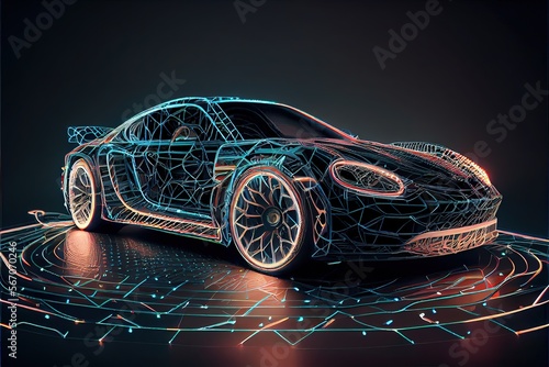 Futuristic car with wireframe intersection with digital user interface environment (3D Illustration). AI