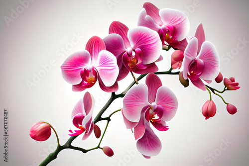 Bright pink blossoming orchid branch on white