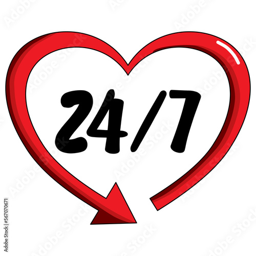 Red heart with 24/7 text vector illustration. Customer Service Icon
