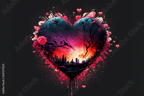 Explosive Red and Pink Heart With Urban Scenery of Sunset in Black Background for Valentine's Day, silhouette | Generative Art 