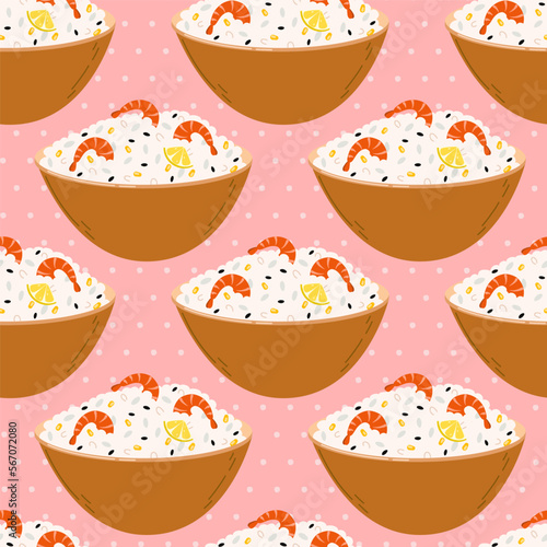 Seamless repeat pattern of a bowl of rice with shrimps on a pink background