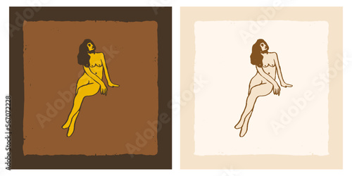 Woman naked sits boho vintage style sketch