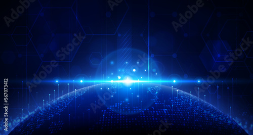 Digital technology worldwide global network internet connection blue background, Abstract cyber tech futuristic planet map world, Ai big data, Innovation 5g wireless wifi future, illustration vector