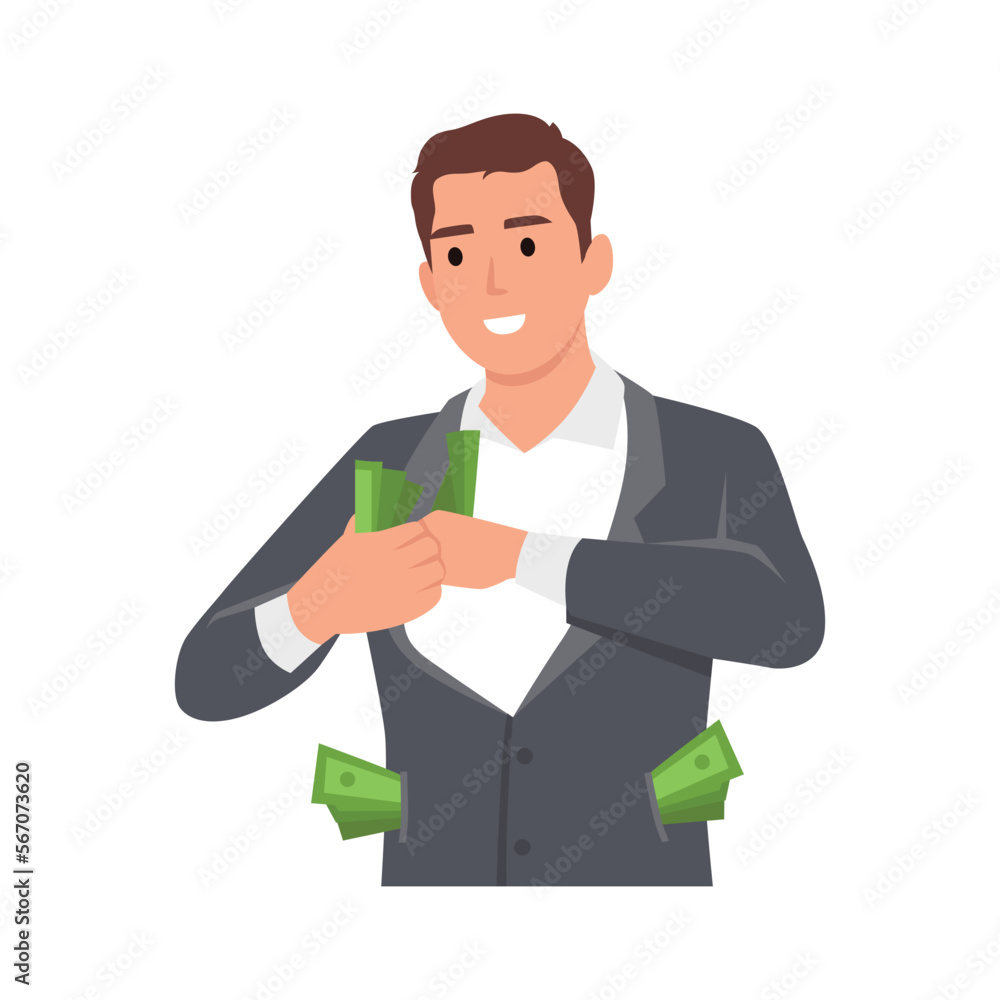 Young wealthy businessman with money in all pockets show success. Smiling male employee with banknotes. Flat vector illustration isolated on white background Young wealthy businessman with money in all pockets show success. Smiling male employee with banknotes. Flat vector illustration isolated on white background
