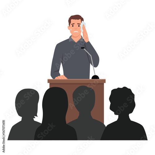 Shy young man sweating, feeling fear and anxiety during public speaking. Nervous stressed speaker behind tribune. Flat vector illustration isolated on white background