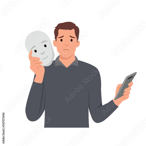 Young man fake expression holding happy face and hiding his real sad feeling. Flat vector illustration isolated on white background