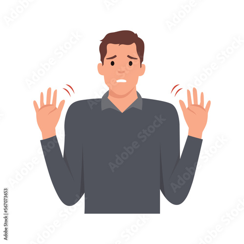 Young man making stop with his hands. Say No or not me. Flat vector illustration isolated on white background